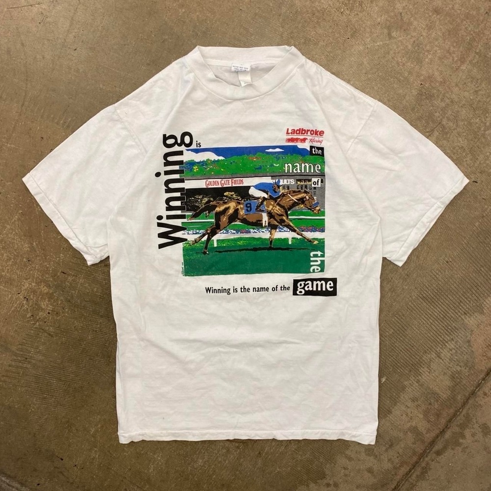 Vintage Ladbroke Racing Golden Gate Derby 90s Winning Horse Racing T-Shirt Large